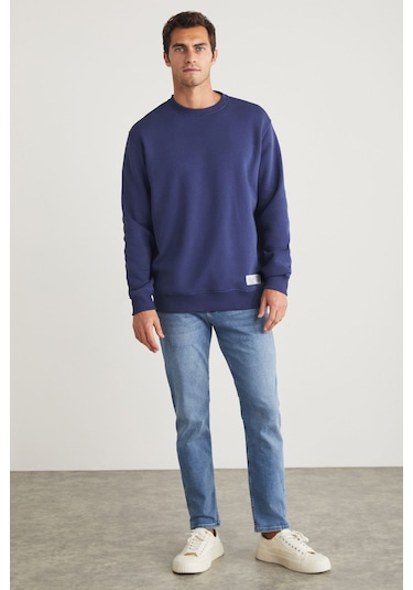 GRIMELANGE Travıs Erkek Organik Kumaşlı Yumuşacık Regular Fit Yuvarlak Yakalı Lacivert Sweatshirt Lacivert