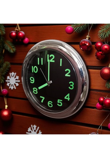 Fosforlu Kromaj Metalik Görünümlü Küçük Duvar Saati Çap 25 Cm Gümüş