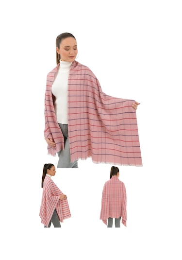1 Adet Kadın Büyük Bedene Uygun Yumuşak Dokulu Kışlık Desenli Atkı Omuz Şalı Pembe - Kırmızı