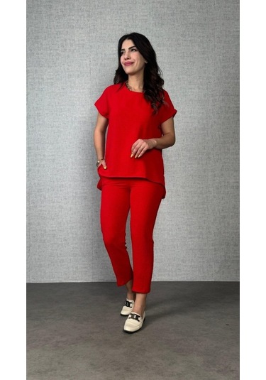 The İstanbul Kadın Kısa Kollu Yuvarlak Yaka Aerobin Bluz Ve Pantolon Ikili Takım Kırmızı
