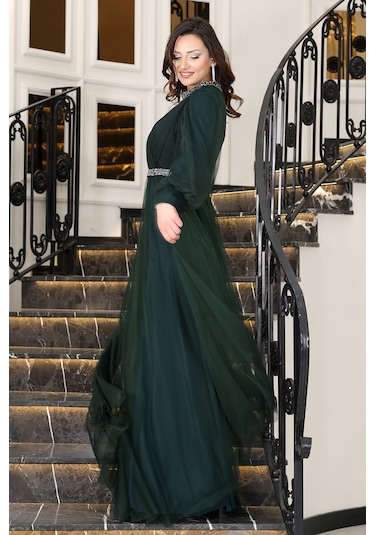 Senna Taş Detaylı Büyük Beden Şık Tesettür Abiye Zümrüt