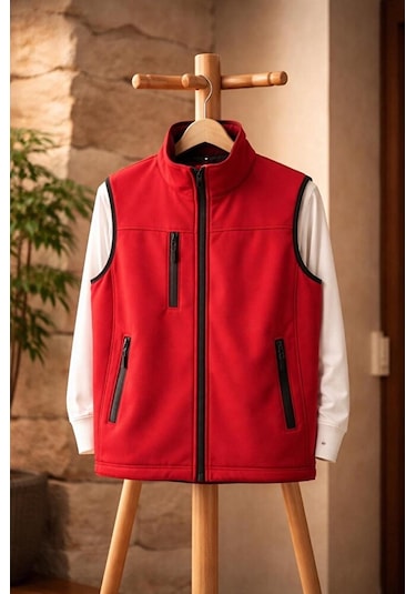 Vatan Tekstil Dik Yaka Slim Fit 3 Cepli Softshell Erkek Yelek Su İtici Kumaş Kırmızı