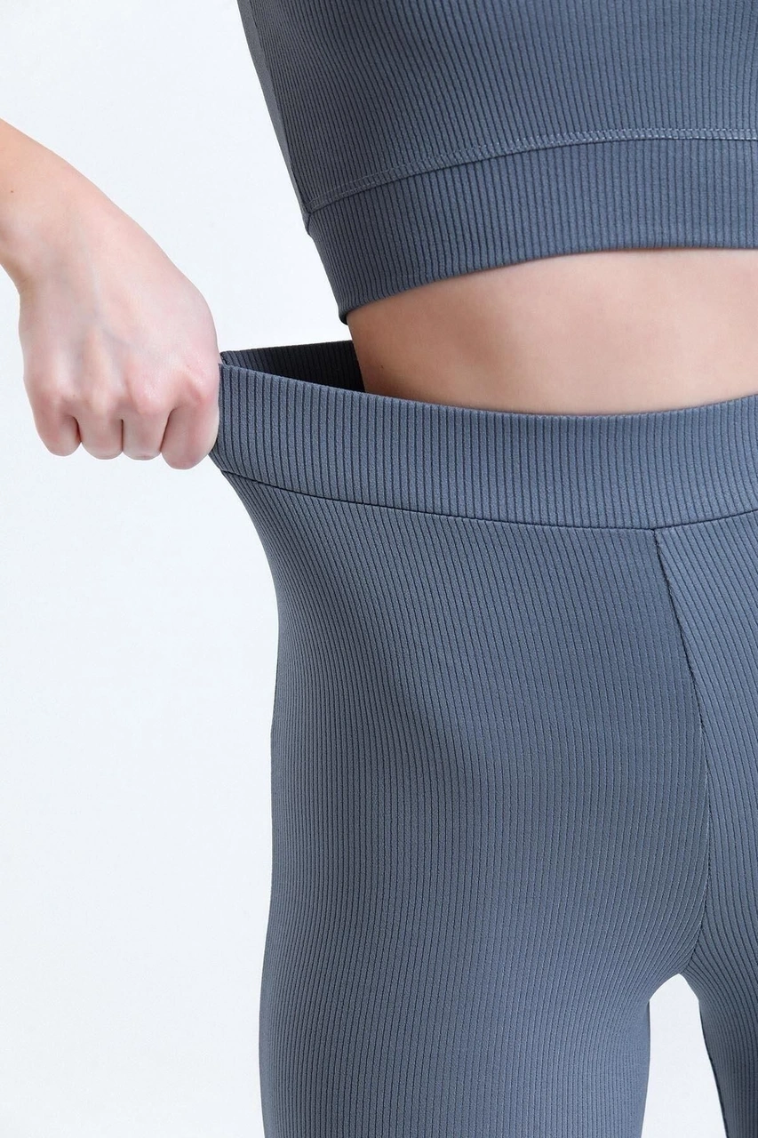 Siyah Yüksek Bel Fitilli Ispanyol Paça Interlok Örme Kadın Tayt Antrasit