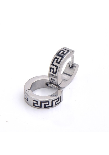 Labirent Desenli Erkek Çelik Küpe Takı Aksesuar Gri