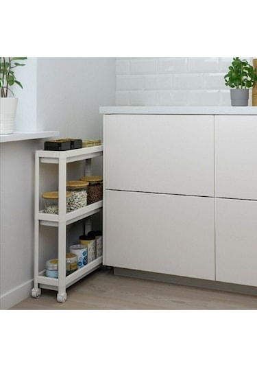 Bayev Tekerlekli Beyaz 3 Katlı Raf - Banyo Mutfak Dar Alan Düzenleyici Organizer Beyaz