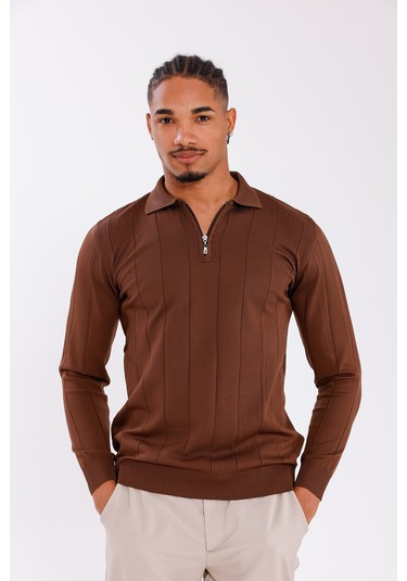 Monox Erkek Yarım Fermuarlı Polo Yaka Triko Kazak Kahverengi