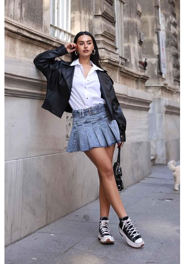 Bpm Kemerli Pileli Denim Etek 001