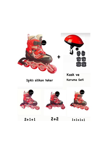 Işıklı Çocuk Pateni Ayarlanılabilir Silikon Tekerli Frenli Metal Gövdeli Paten Ve Kask Dizlik Set Kırmızı