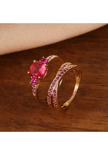 Vintage Altın Rengi Yuvarlak Kesim Mavi Taş İç İçe Yüzük Seti Düğün Band Yüzük Seti Sevgililer Günü Hediyesi 7 Mavi