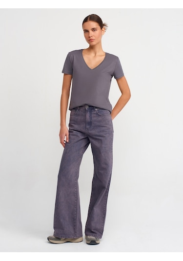 Dilvin V Yaka Basic T-shirt-füme Füme