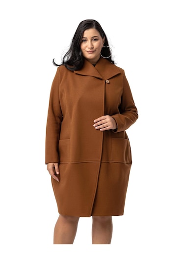 Büyük Beden Torba Cepli Tek Düğmeli Astarlı Kahverengi Kaşe Kaban-kahverengi Kahverengi