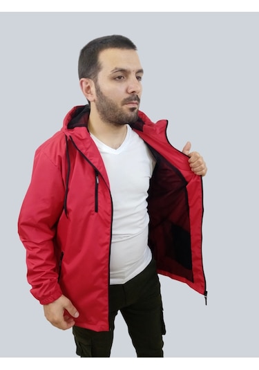 Erkek Kapüşonlu File Detaylı Kırmızı Yağmurluk Kırmızı