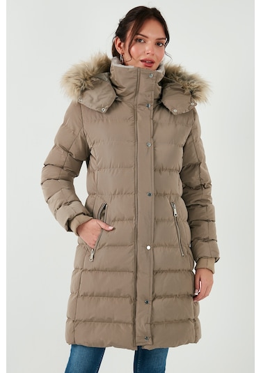 Lela Regular Fit Çıkarılabilir Kapüşonlu Fermuarlı Cepli Şişme Bayan Mont 497Emily Koyu Bej