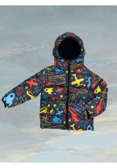 Erkek Çocuk Polarlı Kapüşonlu Helikopter Desenli Kışlık Şişme Mont Digital Baskılı