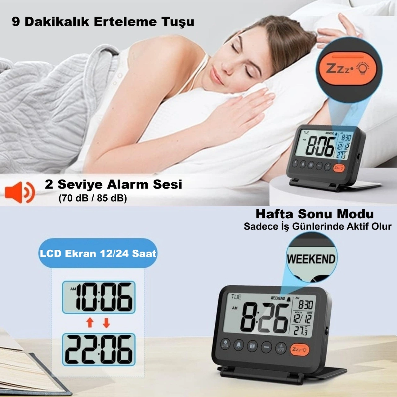 Hymark Lcd Katlanır 10x8cm Dijital Masa Saati Çalar Saat Takvim Sıcaklık Led Pilli Seyahat Ofis Ev Siyah