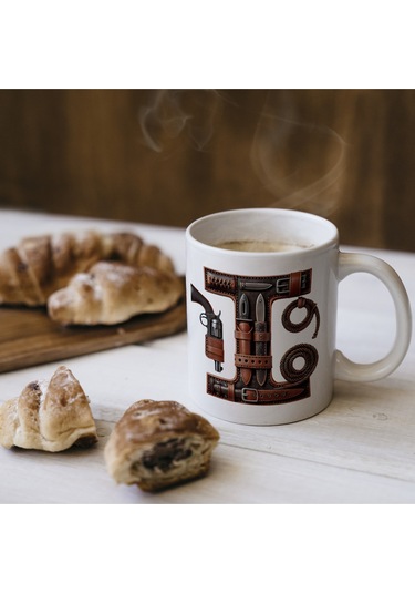 I Harfi Kovboy Temalı Bardak 330 Ml İsim / Harf Kişiye Özel Hediye - Vahşi Batı Konsept Beyaz