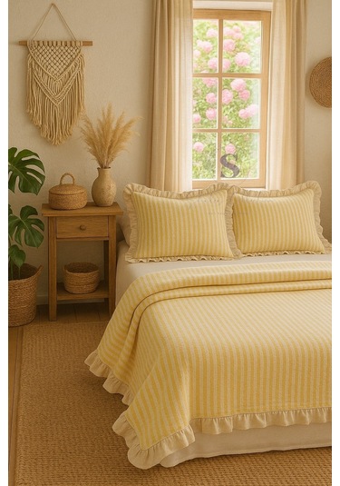 Sarı-bej % 100 Pamuk Fırfır İplik Boyalı Çift Kişilik Nevresim Takımı,modern Çizgili Nevresım Seti Sarı Bej