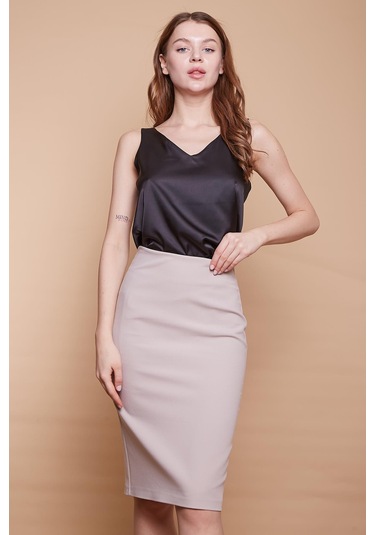 Astarlı Yüksek Bel Diz Altı Hafif Likralı Yırtmaçlı Kumaş Ofis Kalem Etek-taş Taş