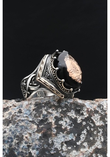 Hz. Ali Zülfikar Kılıcı Ve Hasbiyallah Yazılı Sıkma Kehribar Taşlı 925 Ayar Gümüş Yüzük 901997 Gümüş