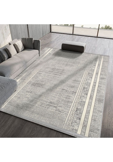 %100 Akrilik Sık Dokuma Şerit Krem - Gri Parlak İplik Makine Mutfak Koridor Salon Yatak Odası Halı