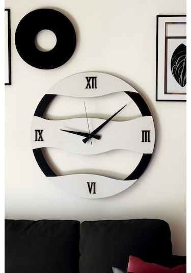 Dekoratif Yeni Modern Rastaban Ahşap Duvar Saati 48cm Siyah - Beyaz