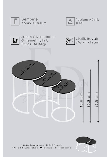 Paris 3'lü C Zigon Sehpa Beyaz Metal - Atlantik Çam Tabla