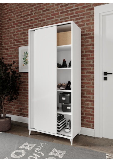 Sürgülü Çok Amaçlı Ayakkabı Dolabı, Ayakkabılık Beyaz