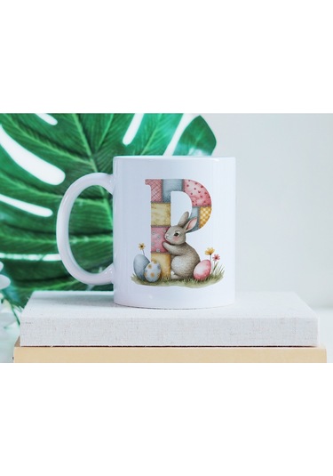 P Harfli Tavşan Kupa - Patchwork / Yamalı Desenli İsme Özel Kupa - Pastel Vintage Tarz Hediyelik 07 Beyaz