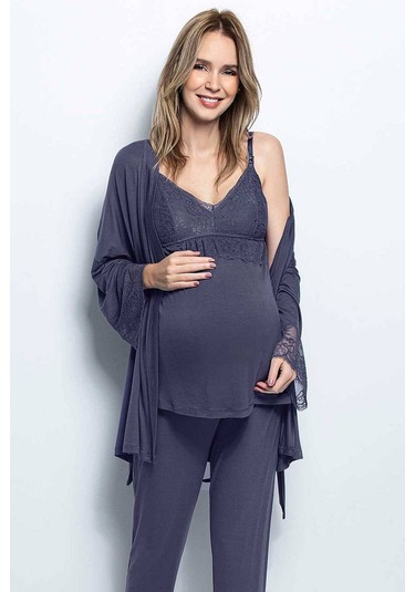 Monamise 18432 Hamile Lohusa Sabahlıklı Pijama Takım - Lacivert