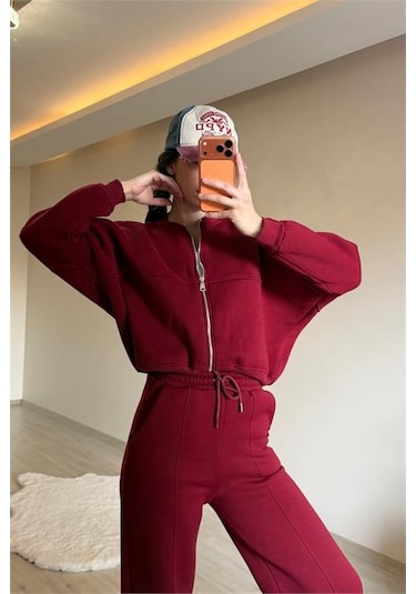 Neşeli Butik Kadın Oversize 3 İplik Cepli Eşofman Takımı Nm029 Bordo