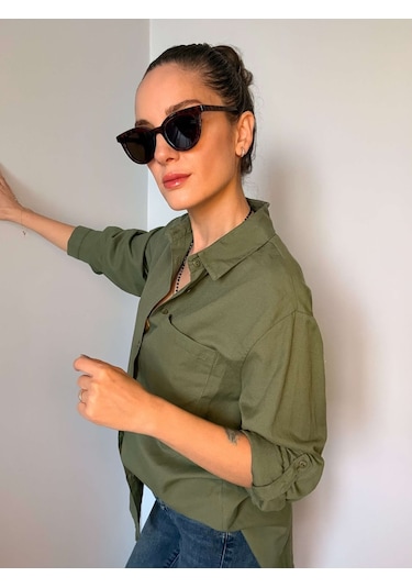 Ali Butik Haki Basic Keten Gömlek Haki