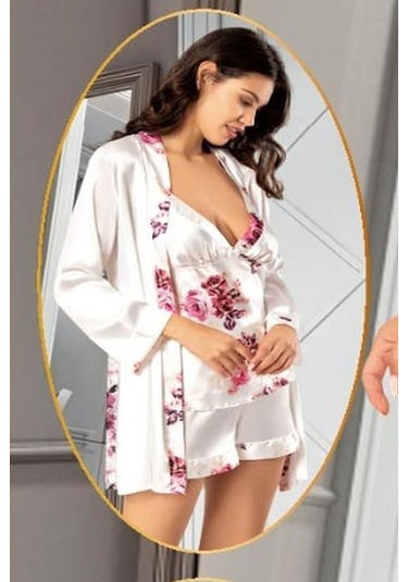 Xses 2155 Kadın Gulkurusu Saten Empirme Sabahlıklı 4'lü Pijama Takım Gulkurusu
