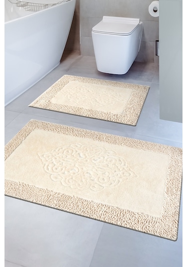 Tiffany 2'li Pamuklu Klozet Takımı, Vizon Banyo Paspas Seti 60 x 100 / 50 x 60 CM Vizon