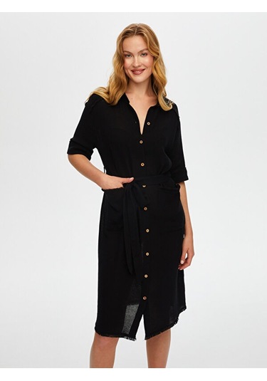 Püskül Şerit Detaylı Kendinden Dokulu Elbise S25elb037 Us25elb03710 Siyah