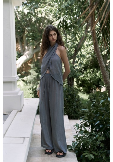 Cadhas Boyundan Bağlamalı Füme Crop Pantolon Takım Füme