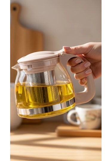 Renkli Süzgeçli Cam Demlik 700 Ml -bej Çok Renkli