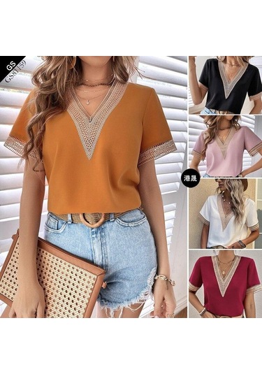 Rahat Gevşek Kısa Kollu Kadın Bluz Üstleri Moda Beyaz V Yaka Şifon Kadın Gömlek Büyük Boy Kadın Giyim Blusas 21064 Siyah