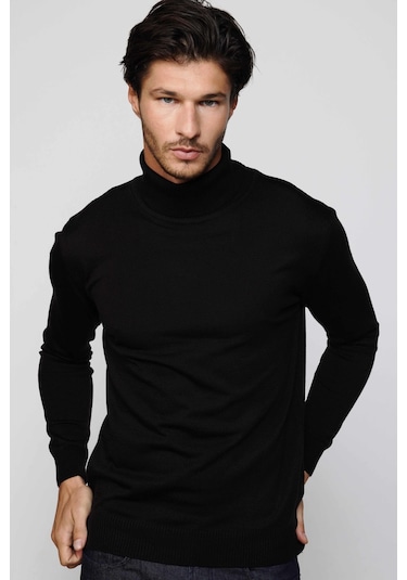 Tudors Slim Fit Dar Kesim Tam Balikcı Yaka Tüylenmeyen Yumuşak Dokulu Siyah Erkek Kazak-29109-siyah Siyah