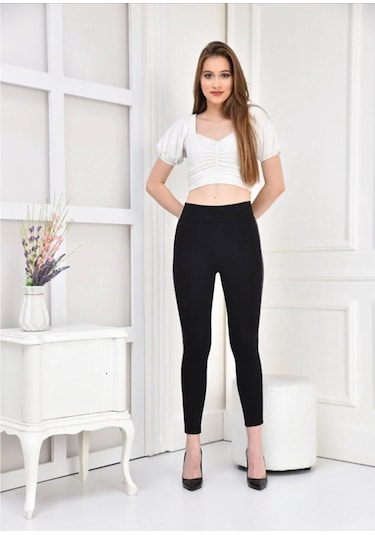 Kadın Siyah Toparlayıcı Tek Deri Şerit Günlük Yüksek Bel Tayt Siyah