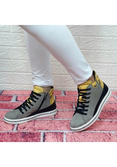 Voyager 8498 Gri-Sarı Hakiki Deri Kaymaz Taban Fermuarlı Bağcıklı