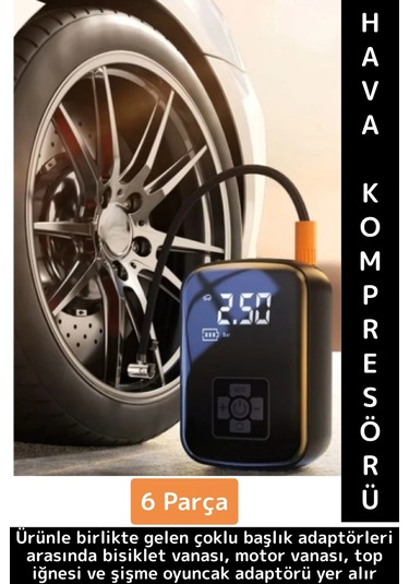 Premium Araba Motosiklet Bisiklet Şişme Yatak Dijital Led Ekranlı Şarjlı Hava Kompresörü 6 Parça