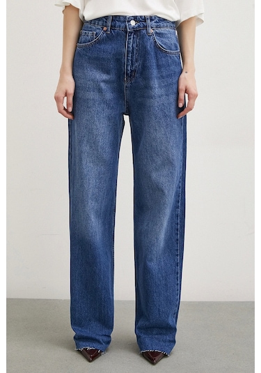 Yüksek Bel Dar Paça Mom Jean Mavi Mavi