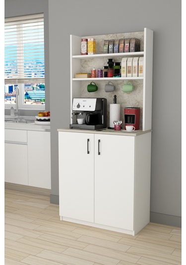 %100 Mdflam Kahve Köşesi Çok Amaçlı Mutfak Dolabı Kahve01 Beyaz - Silves Beyaz - Silves