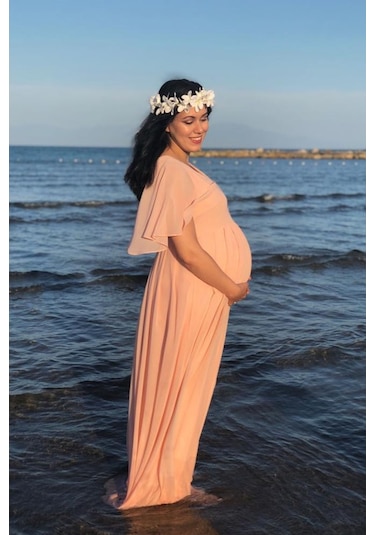 Modalabio Moda Labio- Babyshower Melek Kol Hamile Elbisesi Pudra