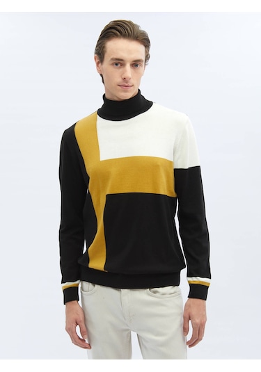 Siyah Tam Balıkçı Yaka Desenli Pamuk Karışımlı Triko 656011 Siyah