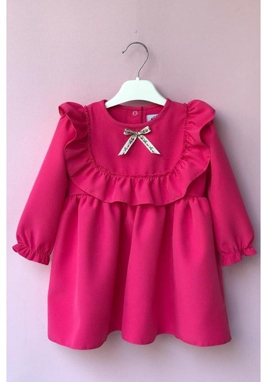 Fırfır Ve Kurdele Detaylı Tasarım Şeker Pembe Kız Çocuk Bebek Elbise 001