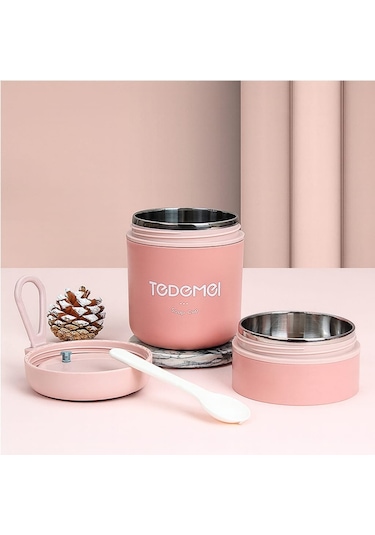 Dekorasyaa 2 Katlı Lunch Box - Pembe - Paslanmaz Çelik - Kaşıklı - Yemek Taşıma Kabı - 710ml Pembe