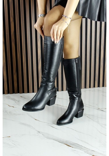 Erkan Saçmacı Siyah Hakiki Dana Derisi Streç Tokalı Fermuarlı Sivri Burun Kalın Topuklu Çizme Siyah