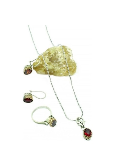 Yakut Taşlı Oksitli Otantik Gümüş Kadın Üçlü Set Yüzük Küpe Kolye