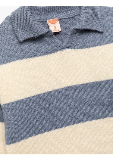 Koton Uzun Kollu Çizgili Polo Yaka Triko Kazak Ekru Çizgili 6wmb90001tt Ekru Çizgili